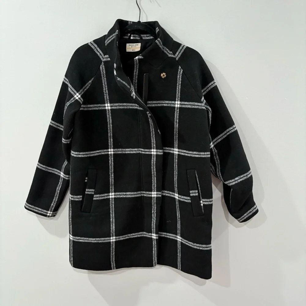 Marine Layer Coat Stephanie Cocoon Wool Zip Up in Plaid Black White